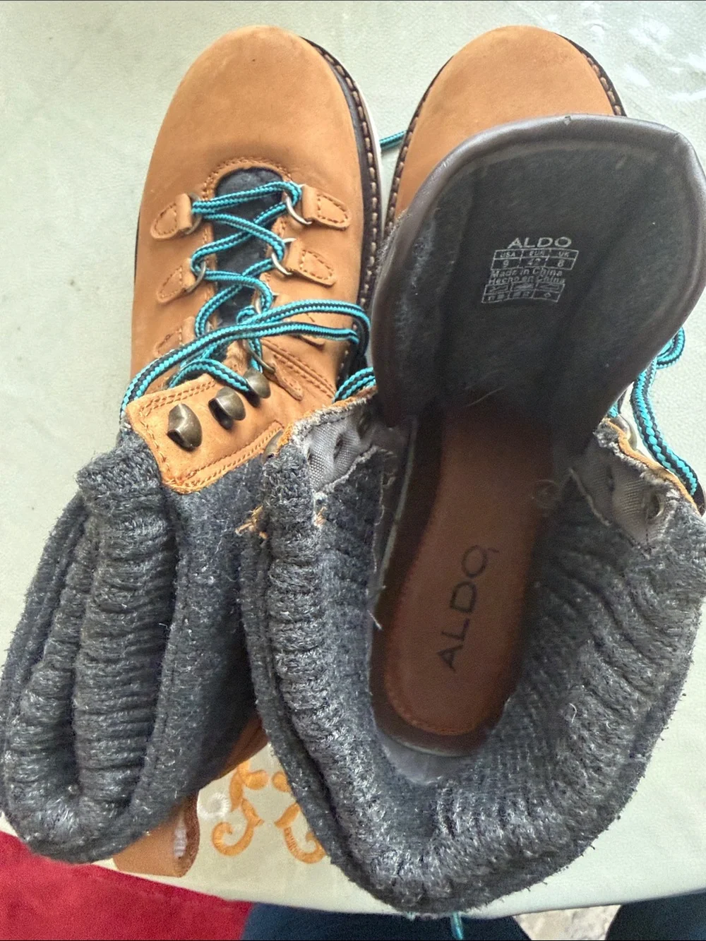 Aldo Tan Brown Hiking-Style Boots with Teal Laces